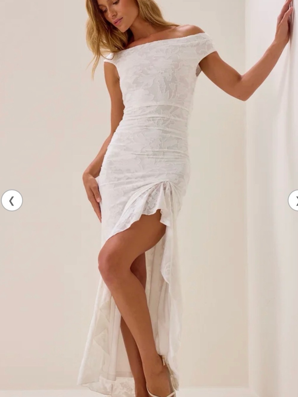 Altard state Kalista Maxi Dress Off-Shoulder White Lace High-Slit Maxi Dress